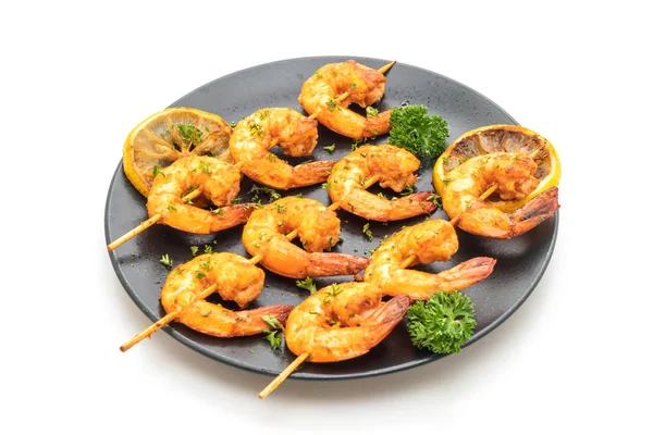 Grilled Tiger Shrimps Skewers Lemon Isolated White Background — Stock Photo, Image