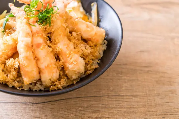 Tempura Camarones Fritos Tazón Arroz Cubierto Estilo Comida Japonesa — Foto de Stock