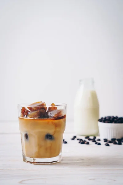 Coffee Ice Cubes Milk Wood Table — Stock Photo, Image