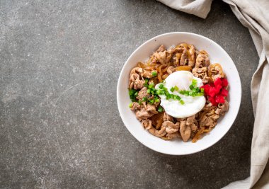 Yumurtalı domuz pirinci kasesi (Donburi) - Japon yemeği tarzı.