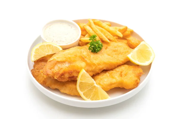 fish and chips with french fries isolated on white background
