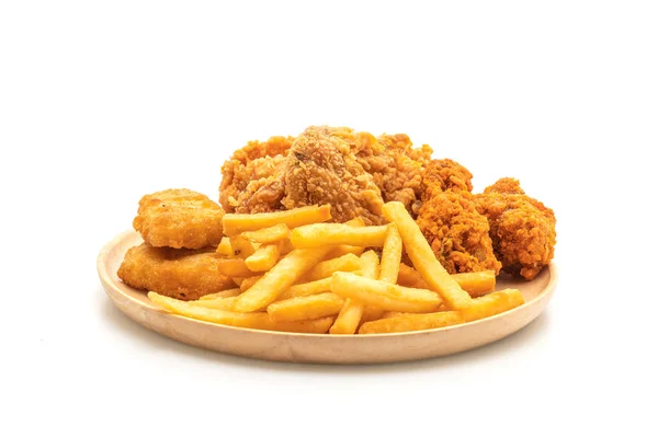 Fried chicken with french fries and nuggets meal (junk food and — Stock Photo, Image