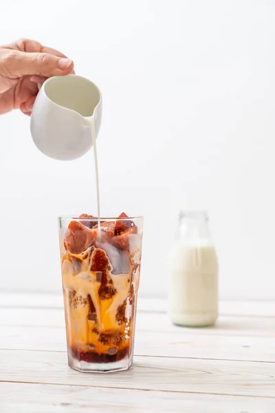 Thai Tea Ice Cube Milk Wood Background — Stok Foto