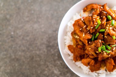 Baharatlı Kore sos (bulgogi) üst pirinç - Kore yemeği tarzı ile kızarmış domuz eti
