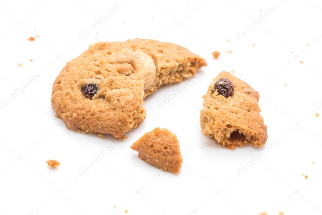 cookies with raisin and roasted cashew nuts isolated on white background