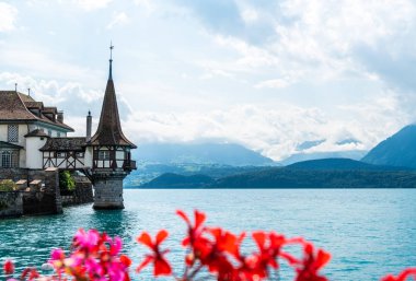 Thun Gölü arka planda İsviçre ile Oberhofen kalesinde güzel mimari