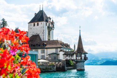 Thun Gölü arka planda İsviçre ile Oberhofen kalesinde güzel mimari
