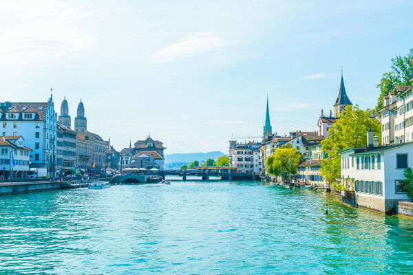 Zurich city center with famous Fraumunster and Grossmunster Churches and river Limmat at Zurich Lake