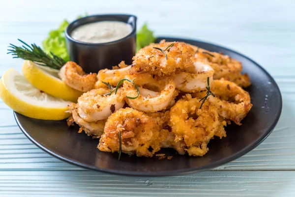 Fried Squids Octopus Calamari Sauce Unhealthy Foods — Stock Photo, Image