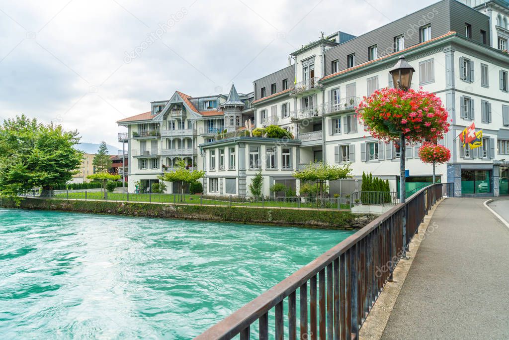 Interlaken town with Thunersee river in Switzerland