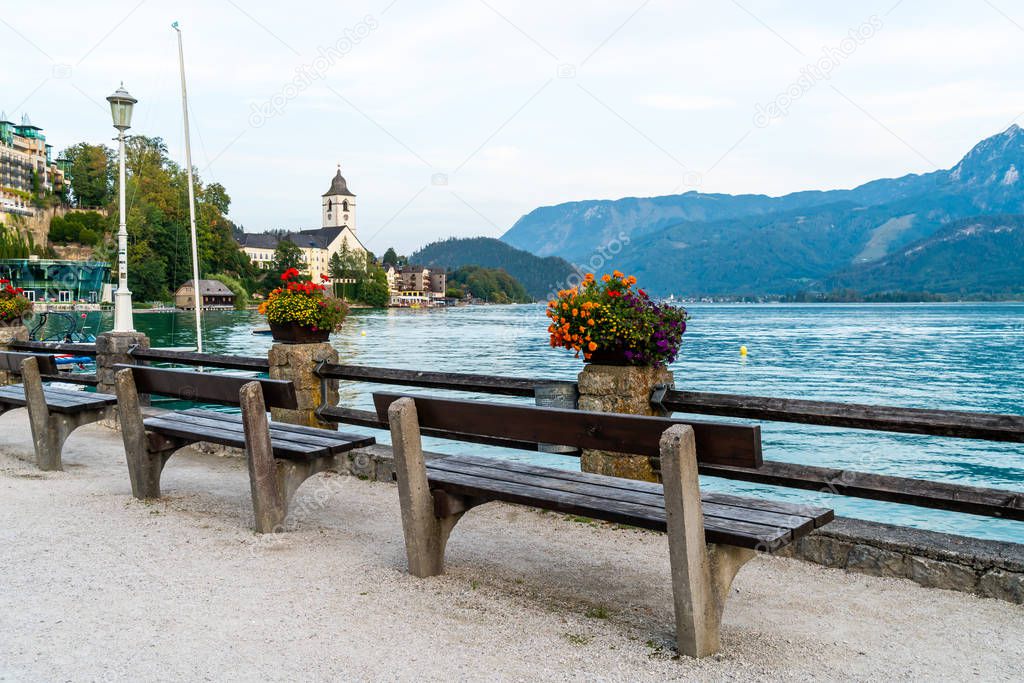 Beautiful Architecture at St. Wolfgang waterfront with Wolfgangsee lake, Austria