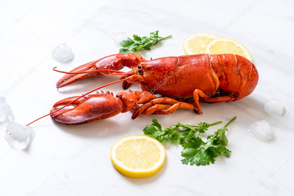 freshly boiled red lobster with ice and lemon