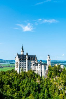 Neuschwanstein Şatosu Almanya'da Bavyera Alpleri, mavi gökyüzü ile güzel mimari