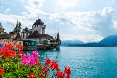 Thun Gölü arka planda İsviçre ile Oberhofen kalesinde güzel mimari
