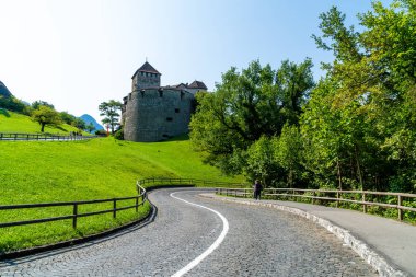 Güzel mimari Kalesi'nde Vaduz, Liechtenstein Prens mavi gökyüzü ile resmi konutu