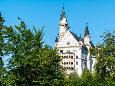 Neuschwanstein Şatosu Almanya'da Bavyera Alpleri, mavi gökyüzü ile güzel mimari