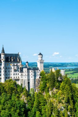 Neuschwanstein Şatosu Almanya'da Bavyera Alpleri, mavi gökyüzü ile güzel mimari