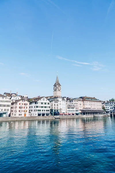 Zurique Centro Cidade Com Famoso Fraumunster Grossmunster Igrejas Rio Limmat — Fotografia de Stock