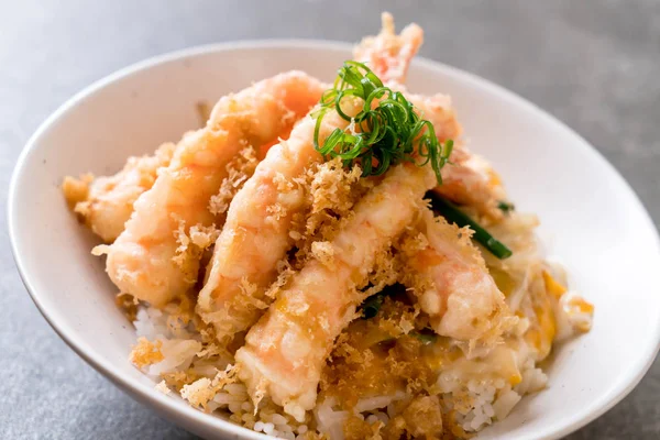 Tempura Camarones Fritos Tazón Arroz Cubierto Estilo Comida Japonesa — Foto de Stock