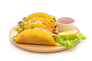 et ve beyaz arka plan üzerinde - Meksika yemeği stil izole sebze ile tacos