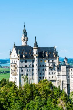 Neuschwanstein Şatosu Almanya'da Bavyera Alpleri, mavi gökyüzü ile güzel mimari