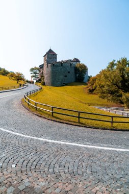 Güzel mimari Kalesi'nde Vaduz, Liechtenstein Prens mavi gökyüzü ile resmi konutu
