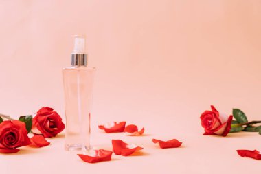 parfüm şişesi ile rose petal arka plan üzerinde