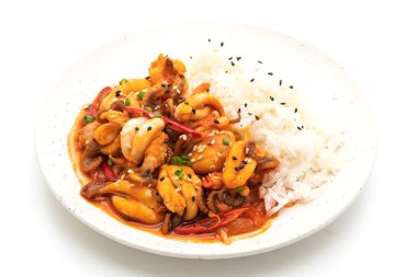 tavada kızartılmış ahtapot veya kalamar ve beyaz arka plan üzerinde izole pirinç ile Kore baharatlı hamur (osam bulgogi)