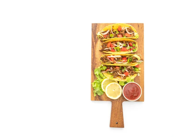 Tacos Con Carne Verduras Aisladas Sobre Fondo Blanco Estilo Comida — Foto de Stock