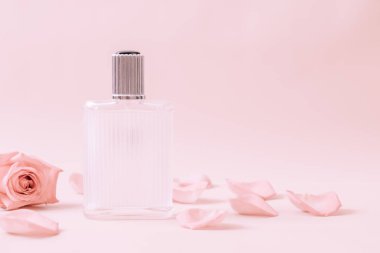 parfüm şişesi ile rose petal arka plan üzerinde