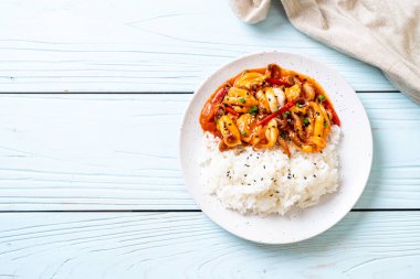 tavada kızartılmış ahtapot veya kalamar ve pirinç - Kore yemeği tarzı ile Kore baharatlı hamur (osam bulgogi)