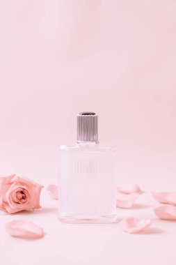 parfüm şişesi ile rose petal arka plan üzerinde