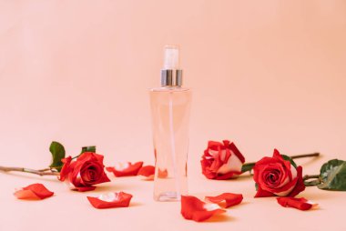 parfüm şişesi ile rose petal arka plan üzerinde