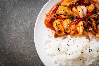 tavada kızartılmış ahtapot veya kalamar ve pirinç - Kore yemeği tarzı ile Kore baharatlı hamur (osam bulgogi)