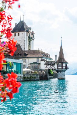 Thun Gölü arka planda İsviçre ile Oberhofen kalesinde güzel mimari