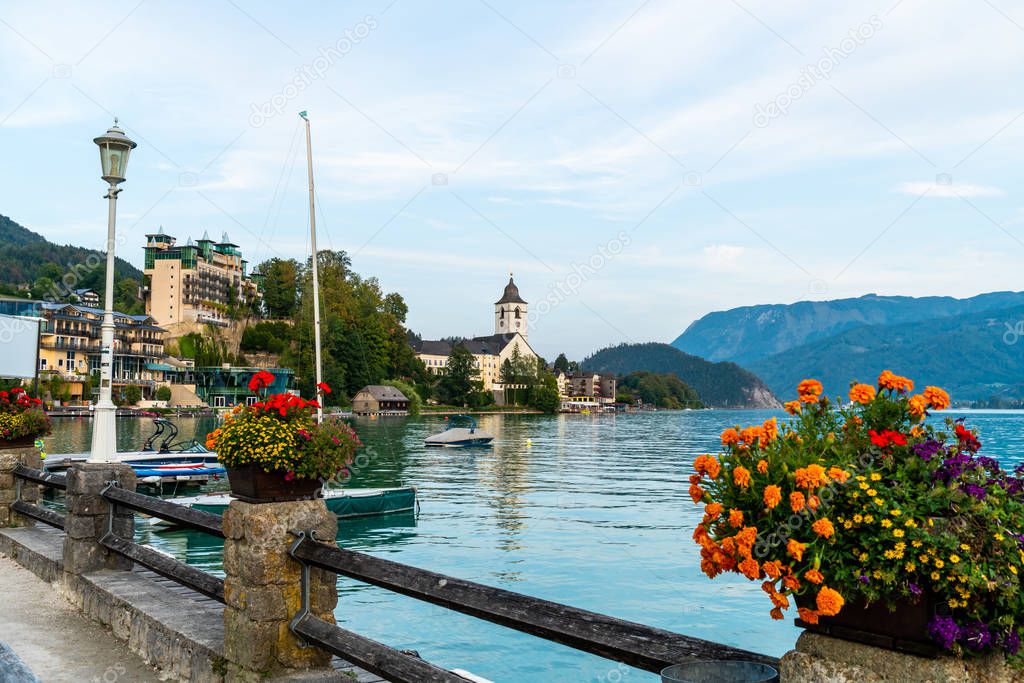 Beautiful Architecture at St. Wolfgang waterfront with Wolfgangsee lake, Austria