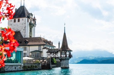 Thun Gölü arka planda İsviçre ile Oberhofen kalesinde güzel mimari