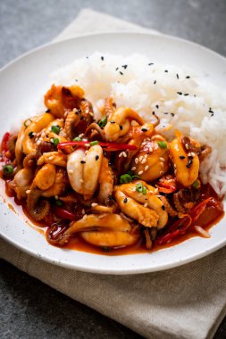 tavada kızartılmış ahtapot veya kalamar ve pirinç - Kore yemeği tarzı ile Kore baharatlı hamur (osam bulgogi)