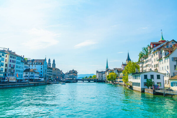 Zurich city center with famous Fraumunster and Grossmunster Churches and river Limmat at Zurich Lake