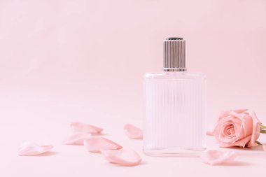 parfüm şişesi ile rose petal arka plan üzerinde