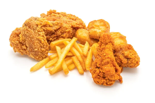 Gebakken Kip Met Frietjes Nuggets Maaltijd Junkfood Ongezond Voedsel Geïsoleerd — Stockfoto