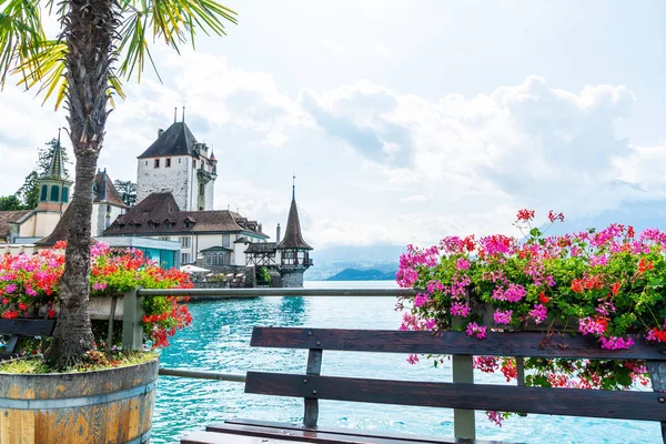 Hermosa Arquitectura Castillo Oberhofen Con Fondo Del Lago Thun Suiza —  Fotos de Stock