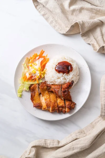 Ayam Panggang Dengan Saus Teriyaki Dan Nasi Dan Salad — Stok Foto