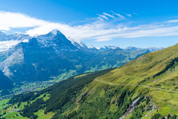 Village Grindelwald Avec Alpes Montagne Ciel Bleu Suisse — Photo