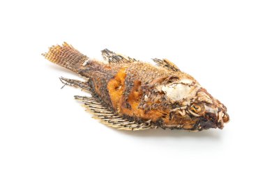 derin kızarmış balık beyaz arka plan üzerinde izole spicy seafood sos ile