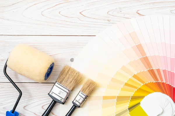 Sample Colors Catalogue Pantone Colour Swatches Book Paint Roller Brush — Stock Photo, Image