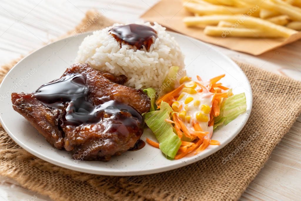 grilled chicken with teriyaki sauce and rice and salad