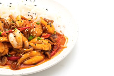 tavada kızartılmış ahtapot veya kalamar ve beyaz arka plan üzerinde izole pirinç ile Kore baharatlı hamur (osam bulgogi)