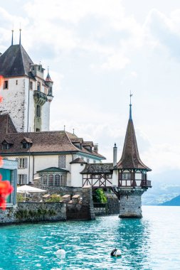 Thun Gölü arka planda İsviçre ile Oberhofen kalesinde güzel mimari