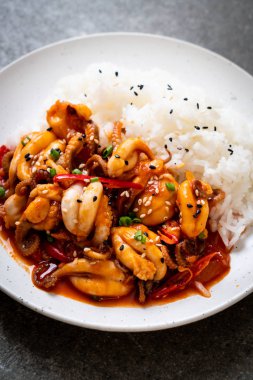 tavada kızartılmış ahtapot veya kalamar ve pirinç - Kore yemeği tarzı ile Kore baharatlı hamur (osam bulgogi)